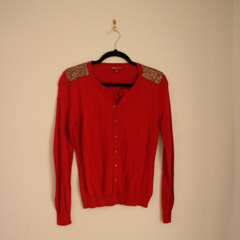 Red Cardigan With Gold Shoulder Detailing